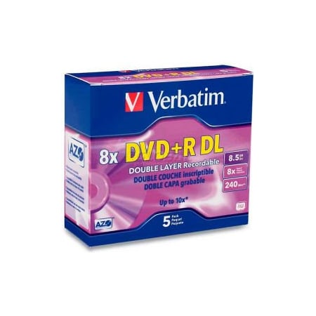 Verbatim Americas Verbatim DVD+R, 95311, 8X Speed, 8.5GB, W/Jewel Case, Double Layer, Branded, 5/Pk 95311